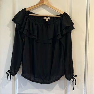 Michael Kors Ruffled Off the Shoulder Peasant Top, XS, black